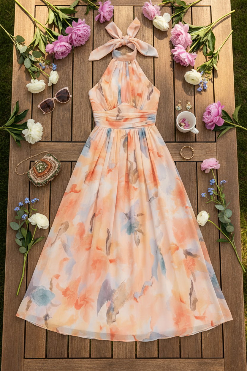 Lightweight Halter Neck Dress Flowing Floral Elegance