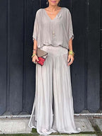 Lightweight Two Piece Women Outfit V Neck Wide Leg Pants