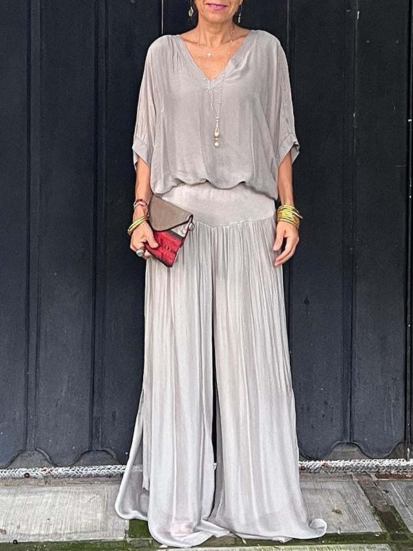 Lightweight Two Piece Women Outfit V Neck Wide Leg Pants
