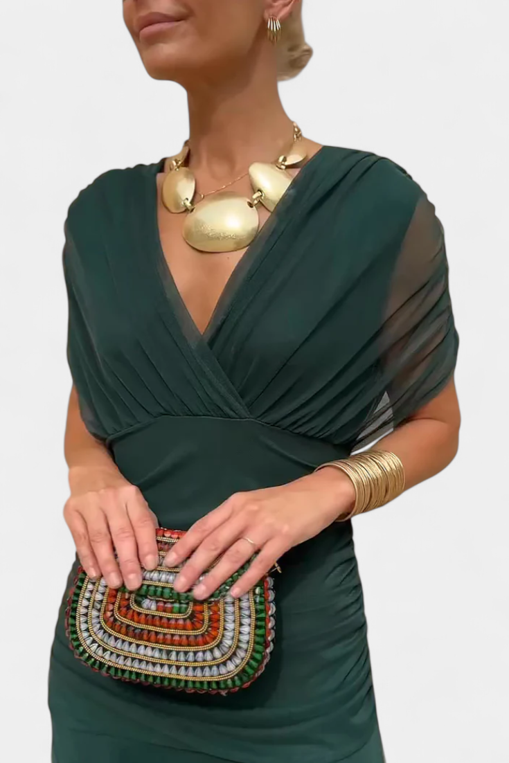 Elegant Knee Length Dress Deep V Neck Ruched Waist