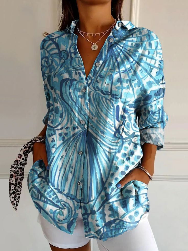 Relaxed Fit Women's Button Up Shirt Lightweight Patchwork Print