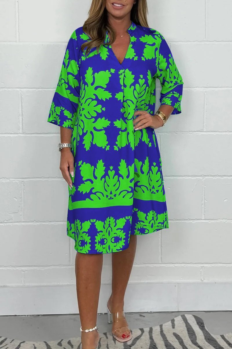 Floral V Neck Loose Fit Dress Knee Length