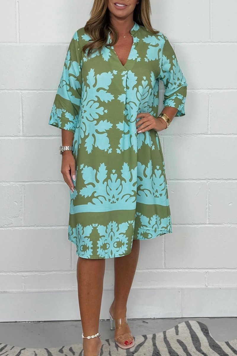 Floral V Neck Loose Fit Dress Knee Length