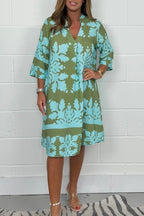 Floral V Neck Loose Fit Dress Knee Length