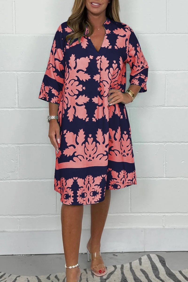Floral V Neck Loose Fit Dress Knee Length