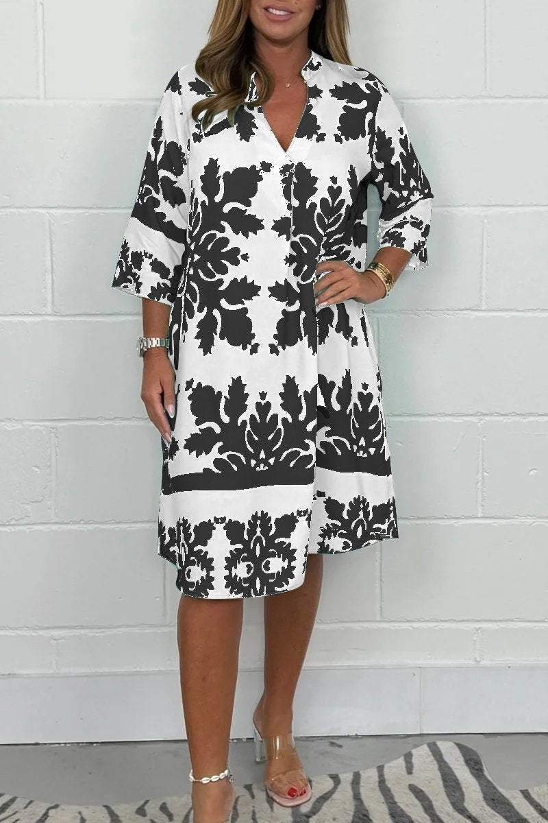 Floral V Neck Loose Fit Dress Knee Length