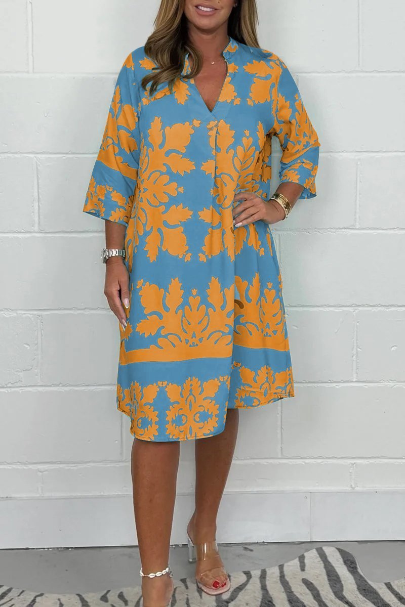 Floral V Neck Loose Fit Dress Knee Length