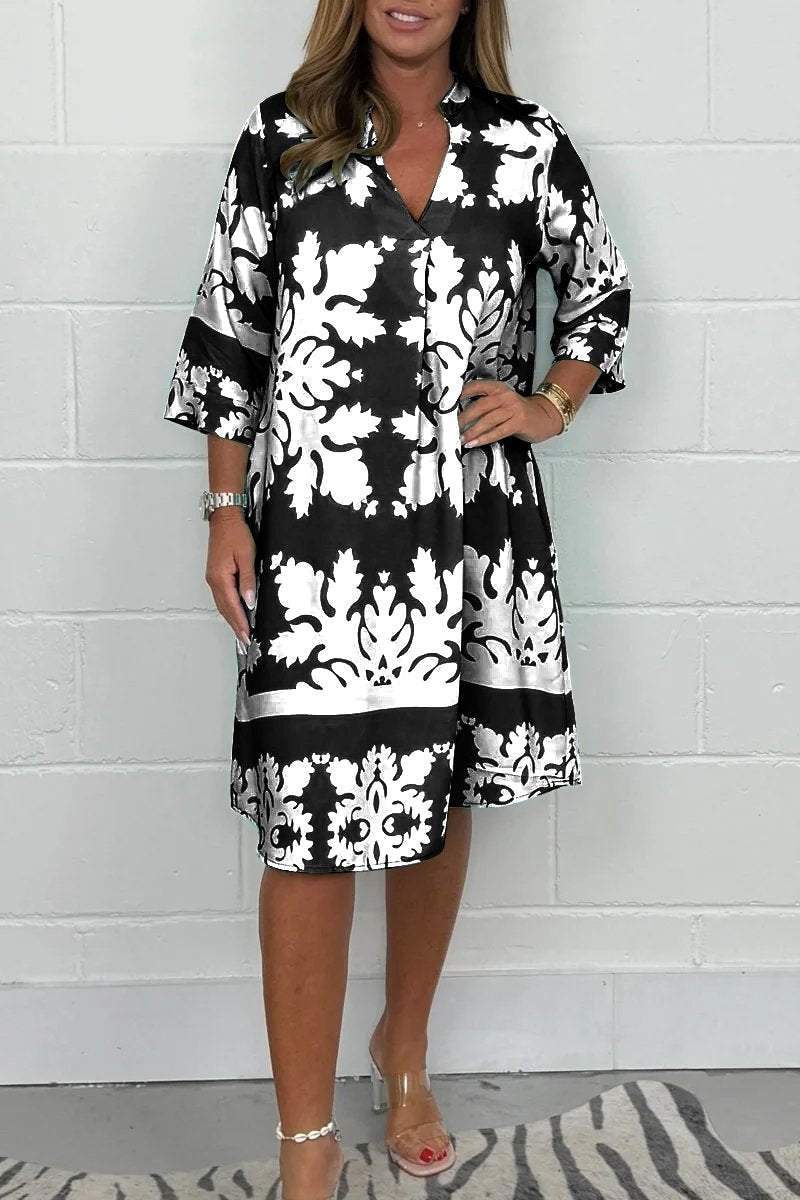 Floral V Neck Loose Fit Dress Knee Length