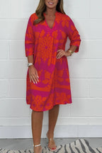 Floral V Neck Loose Fit Dress Knee Length