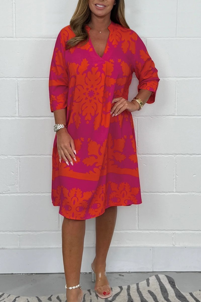 Floral V Neck Loose Fit Dress Knee Length