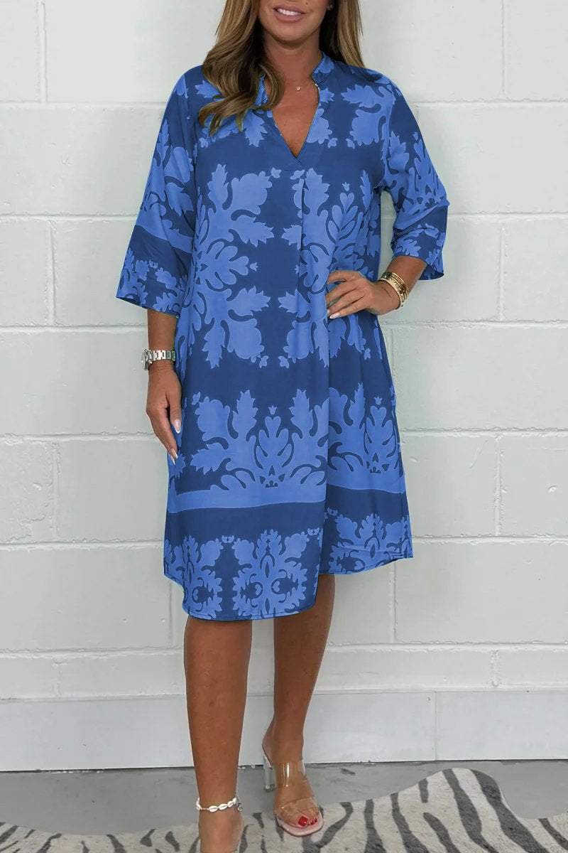 Floral V Neck Loose Fit Dress Knee Length