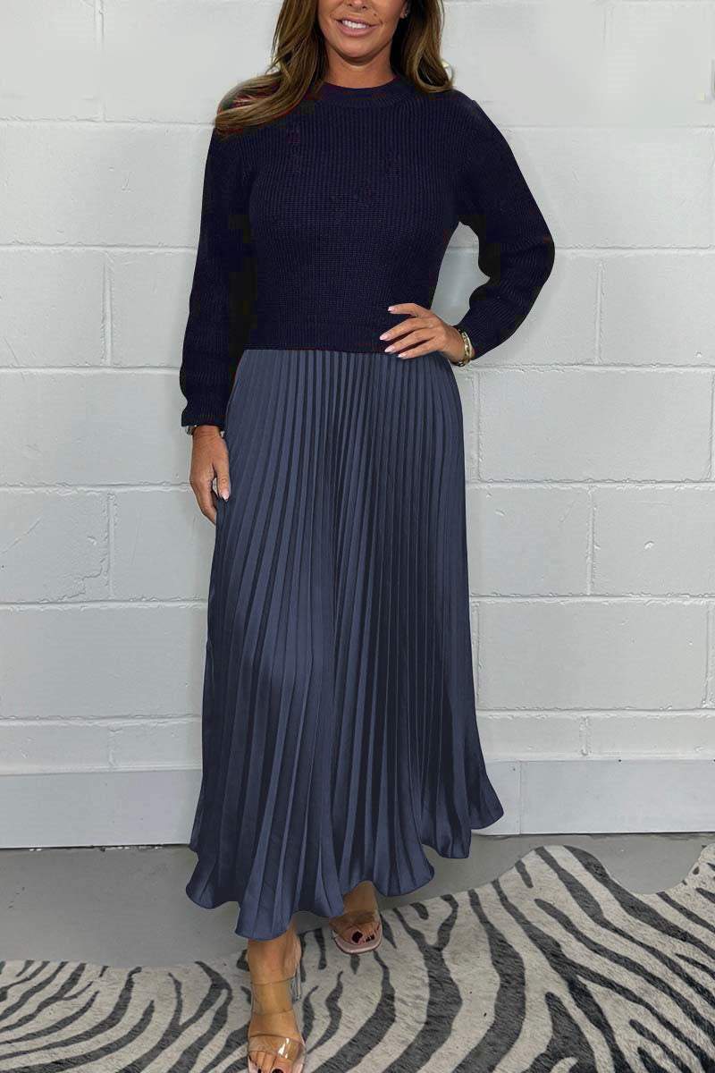 Ribbed Knit Sweater and Pleated Maxi Skirt Elegant Comfortable Set