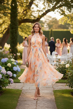 Lightweight Halter Neck Dress Flowing Floral Elegance