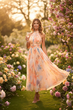 Lightweight Halter Neck Dress Flowing Floral Elegance