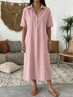 Relaxed Fit Cotton Linen Polo Dress Short Sleeve