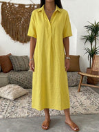 Relaxed Fit Cotton Linen Polo Dress Short Sleeve
