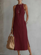 Elegant Sleeveless Midi Dress High Collar Lightweight