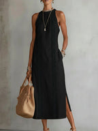 Elegant Sleeveless Midi Dress High Collar Lightweight