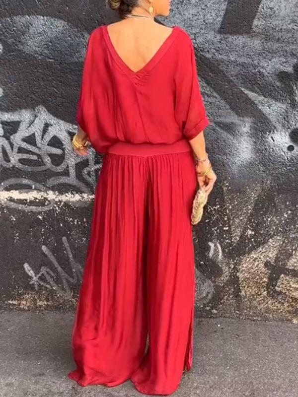 Lightweight Two Piece Women Outfit V Neck Wide Leg Pants
