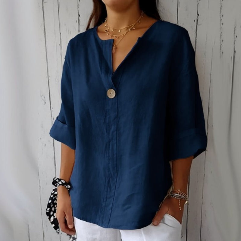 Loose Fit Linen Blouse Notched Collar Button Closure