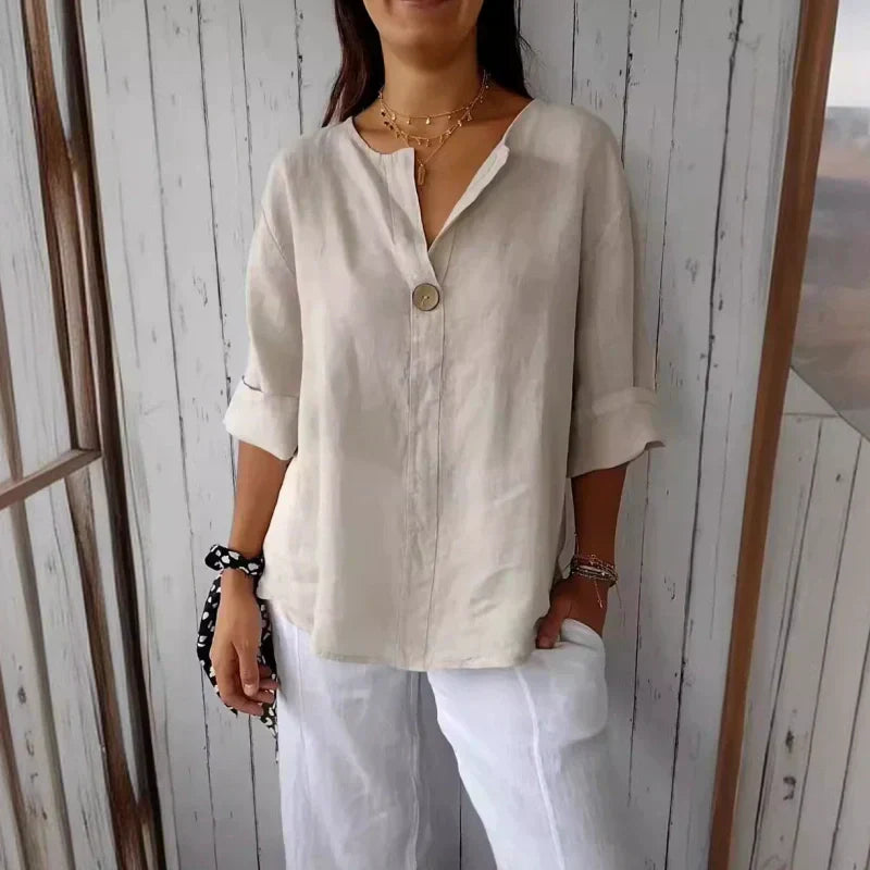Loose Fit Linen Blouse Notched Collar Button Closure