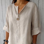Loose Fit Linen Blouse Notched Collar Button Closure