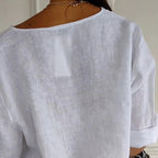 Loose Fit Linen Blouse Notched Collar Button Closure