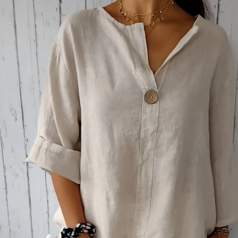 Loose Fit Linen Blouse Notched Collar Button Closure