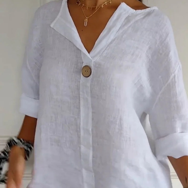 Loose Fit Linen Blouse Notched Collar Button Closure