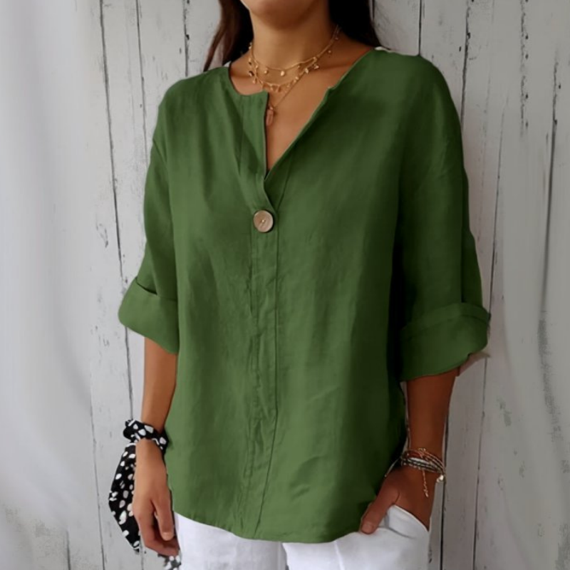 Loose Fit Linen Blouse Notched Collar Button Closure