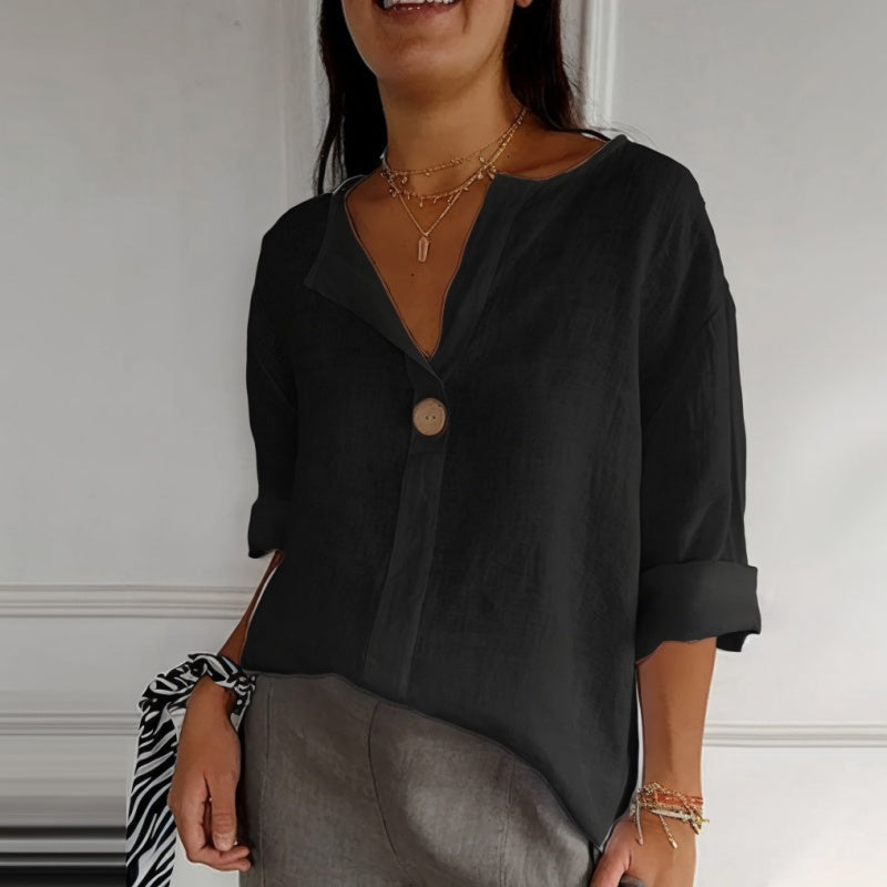 Loose Fit Linen Blouse Notched Collar Button Closure