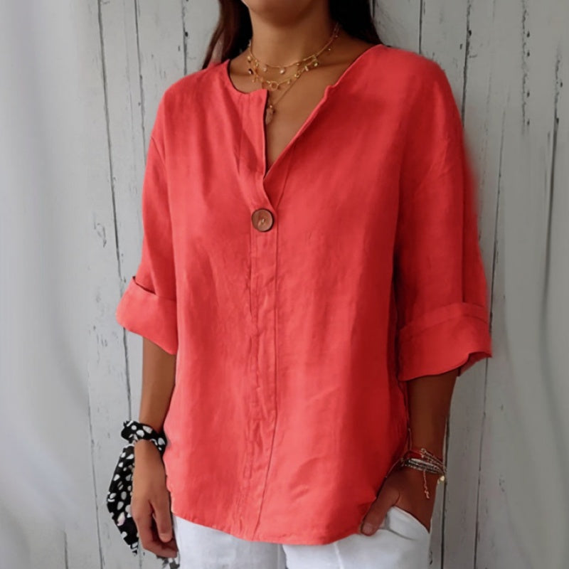 Loose Fit Linen Blouse Notched Collar Button Closure
