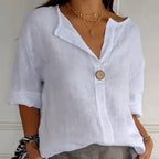 Loose Fit Linen Blouse Notched Collar Button Closure