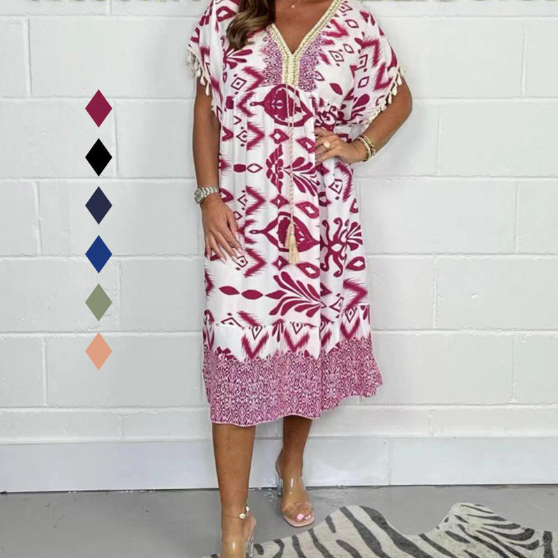 Printed A Line Dress V Neck Drawstring Waist