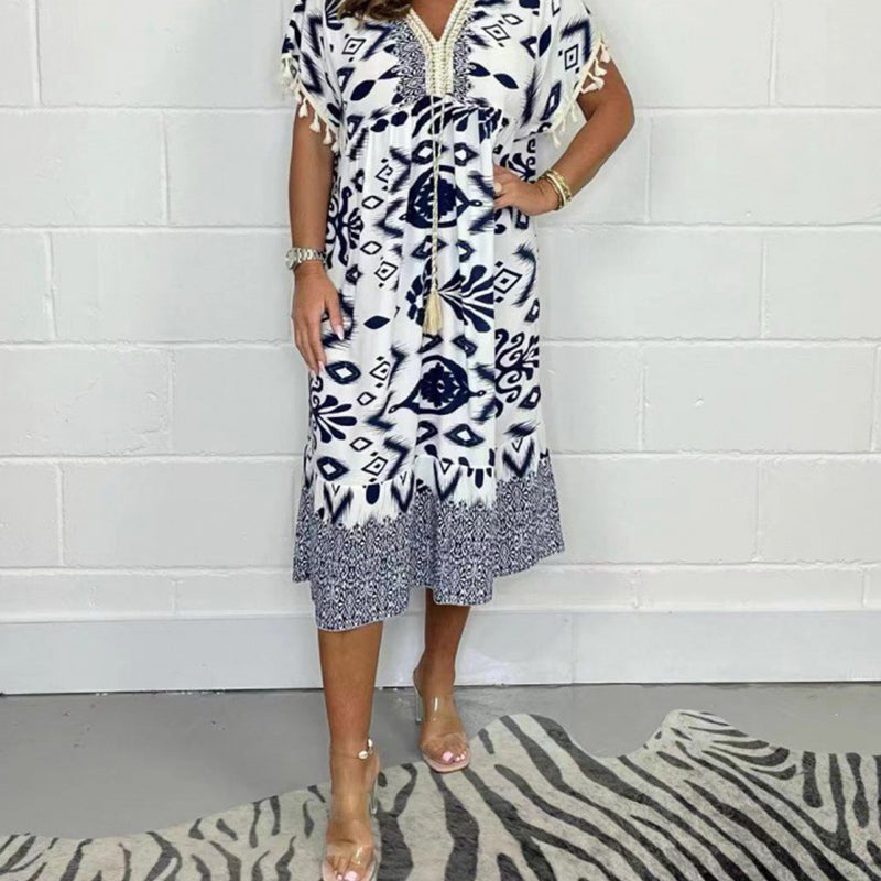 Printed A Line Dress V Neck Drawstring Waist