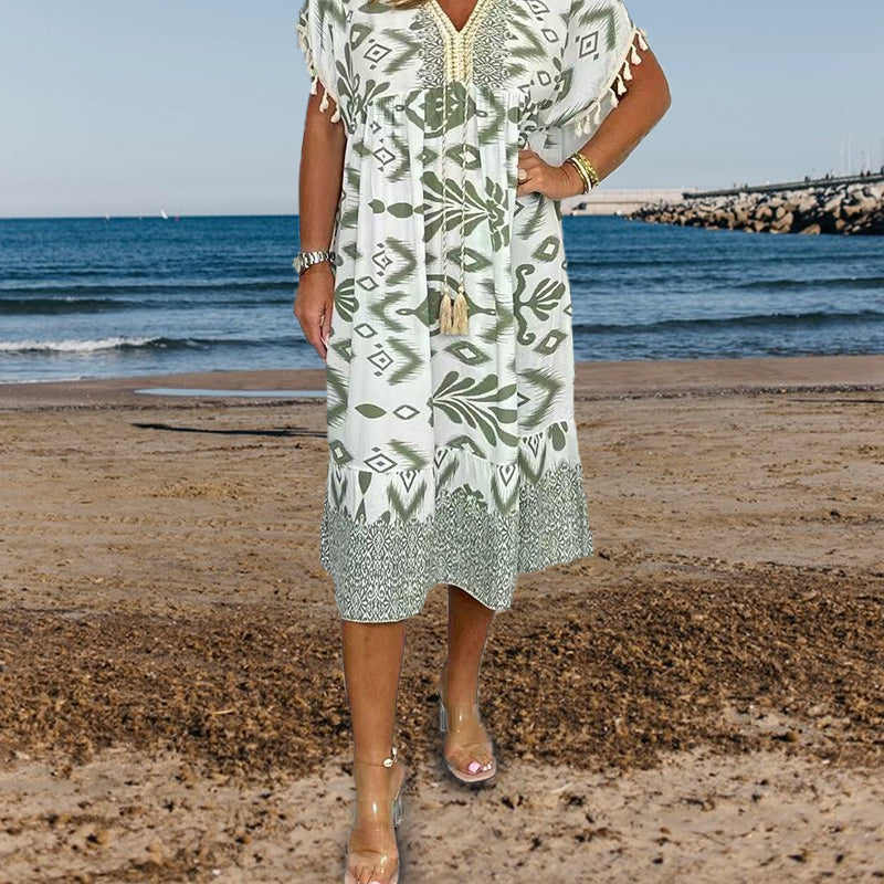 Printed A Line Dress V Neck Drawstring Waist