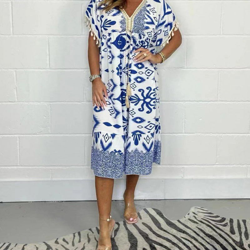 Printed A Line Dress V Neck Drawstring Waist