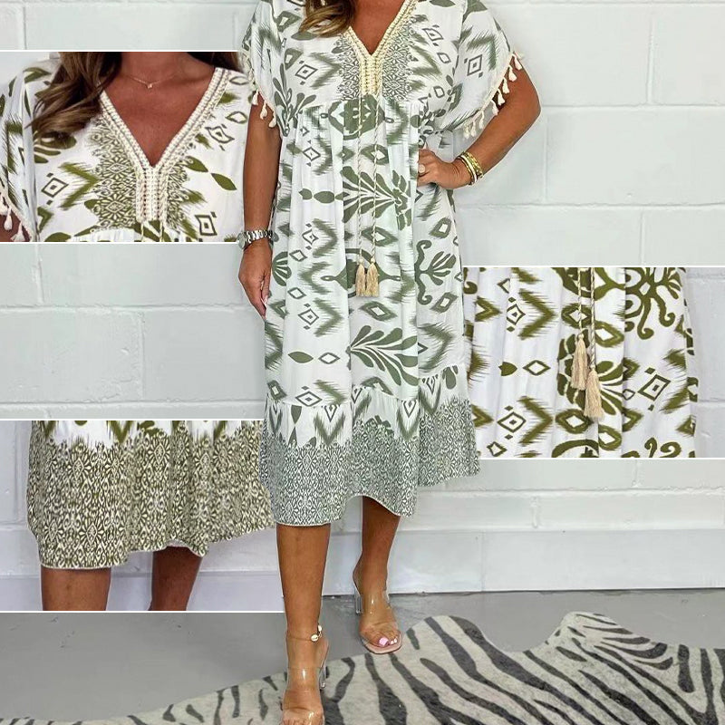 Printed A Line Dress V Neck Drawstring Waist