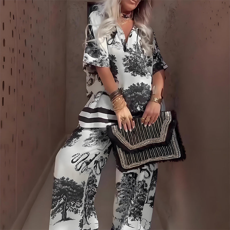 Linette™ V-Neck Printed Top with Matching Long Pants