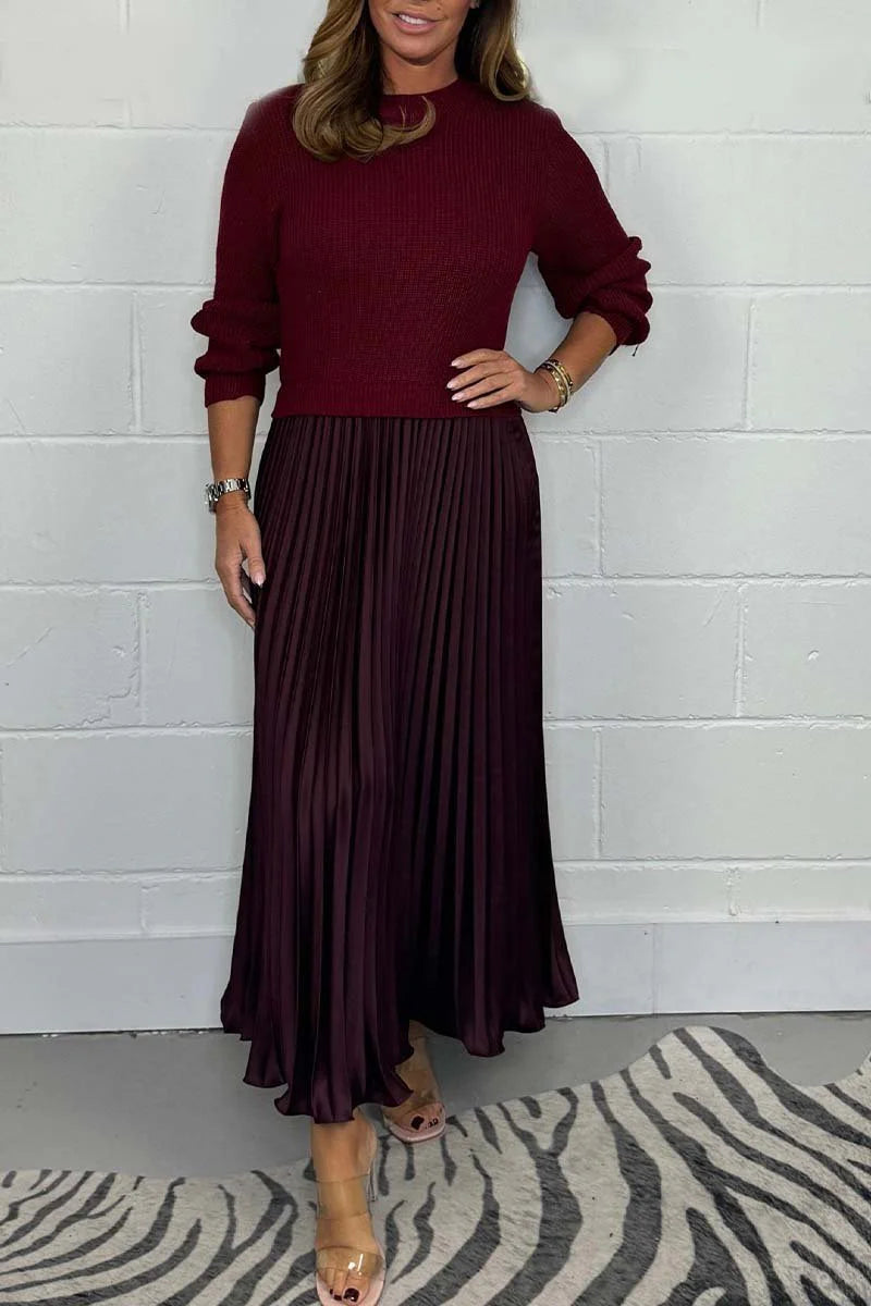 Ribbed Knit Sweater and Pleated Maxi Skirt Elegant Comfortable Set